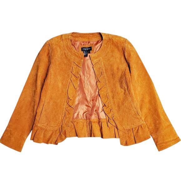 Vintage Suede Leather Jacket Orange Y2k Fairy Boho Ruffle Prosper & Devine - L - Picture 2 of 8